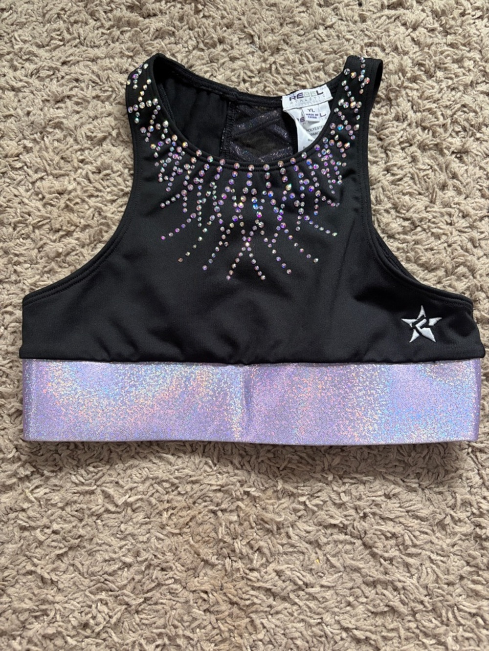 Rebel Black and Holographic Sports Bra with Rhinestone Detail